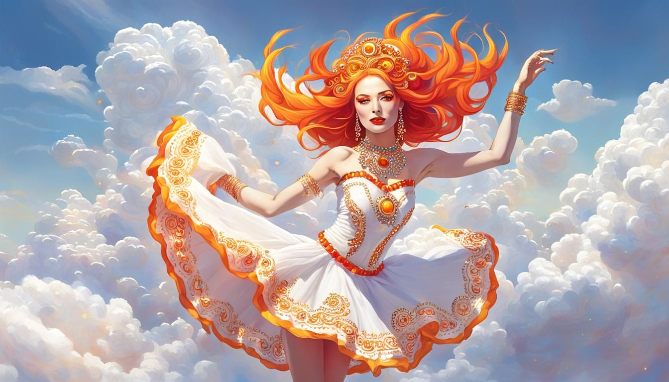 Fantasy Woman Dancing on Cloud with Orange Jewels