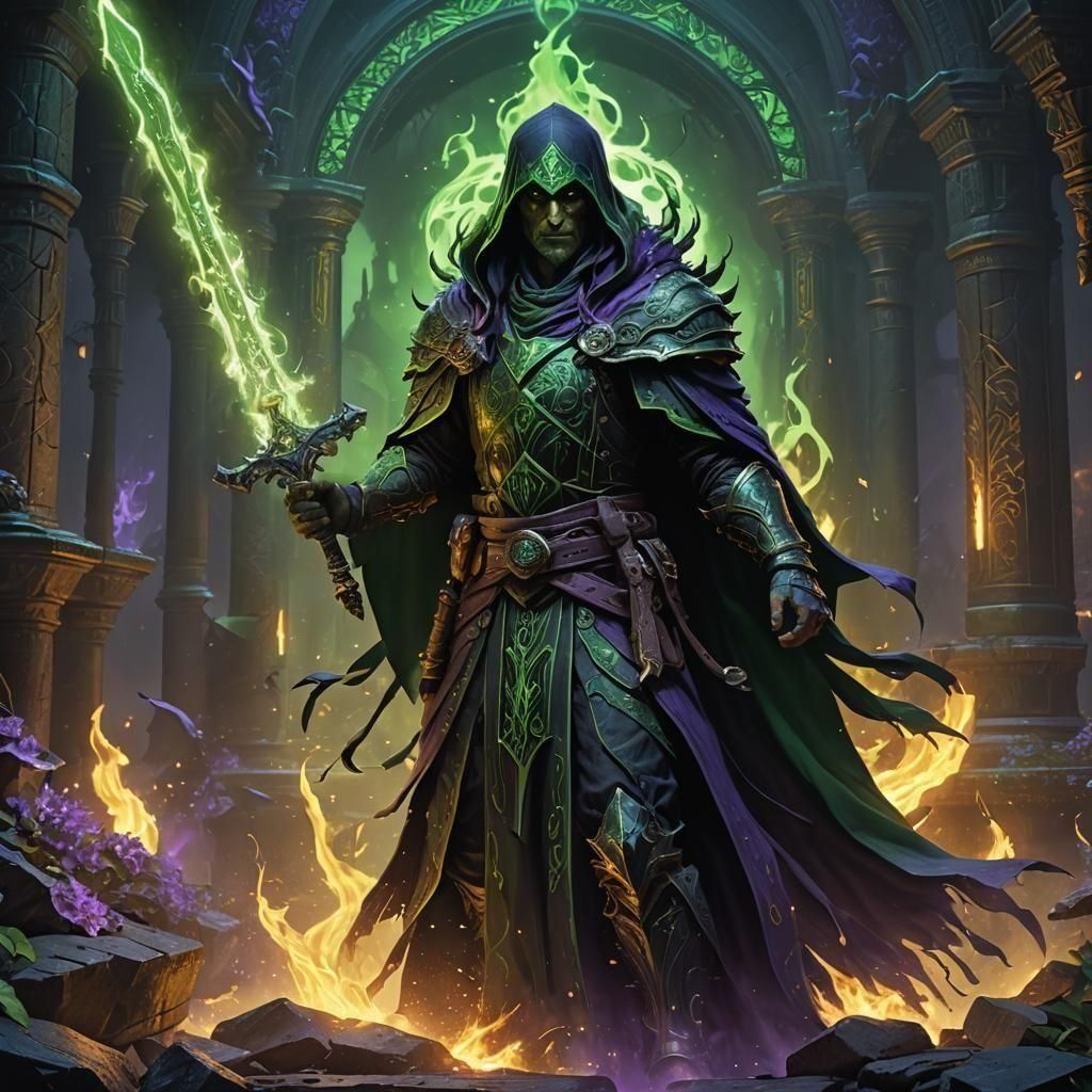 Shadar-kai Warlock with Flaming Sword, Dark Fantasy Art