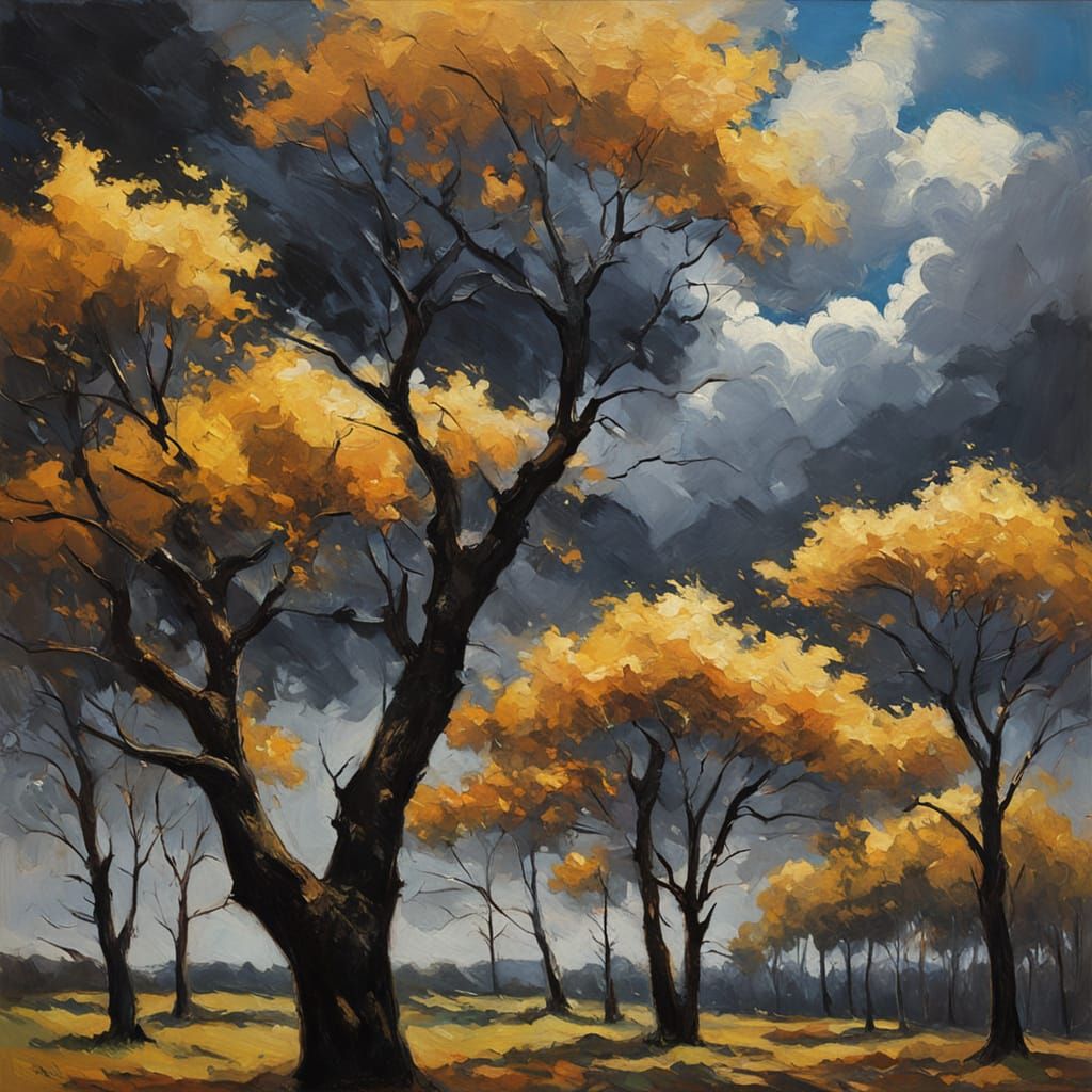 Dramatic Trees in Impressionist Realism Oil Painting