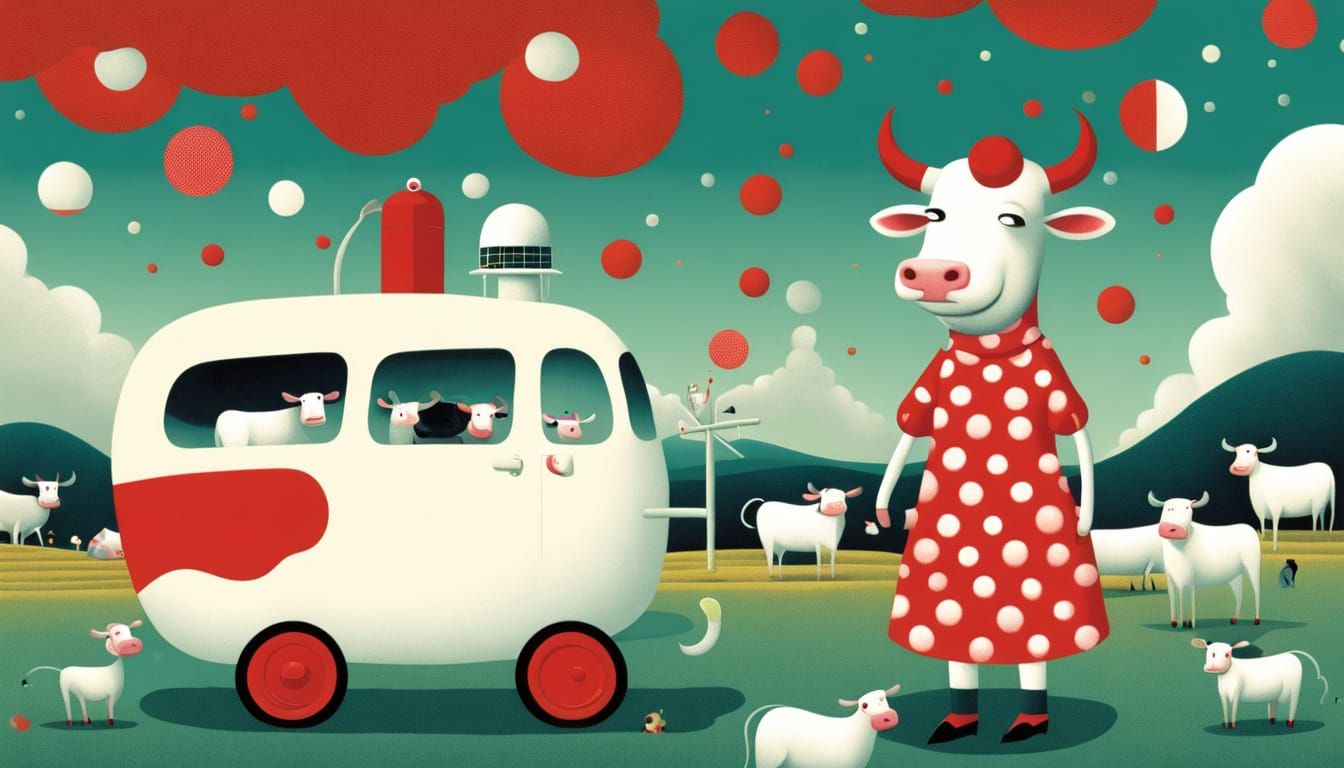 A Playful Cow in a Polka Dot Dress Amidst a Farm Tornado