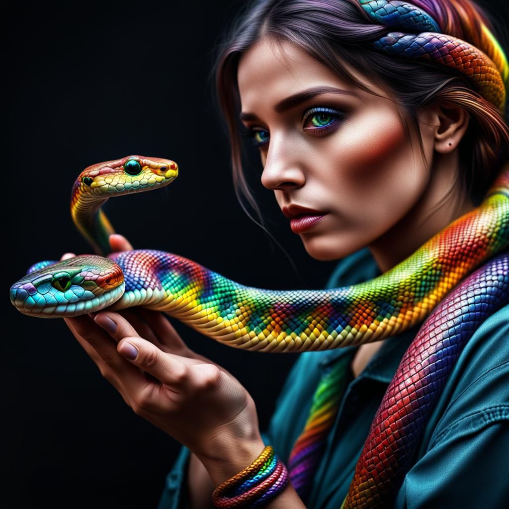 Girl Holding a Rainbow Snake in HDR