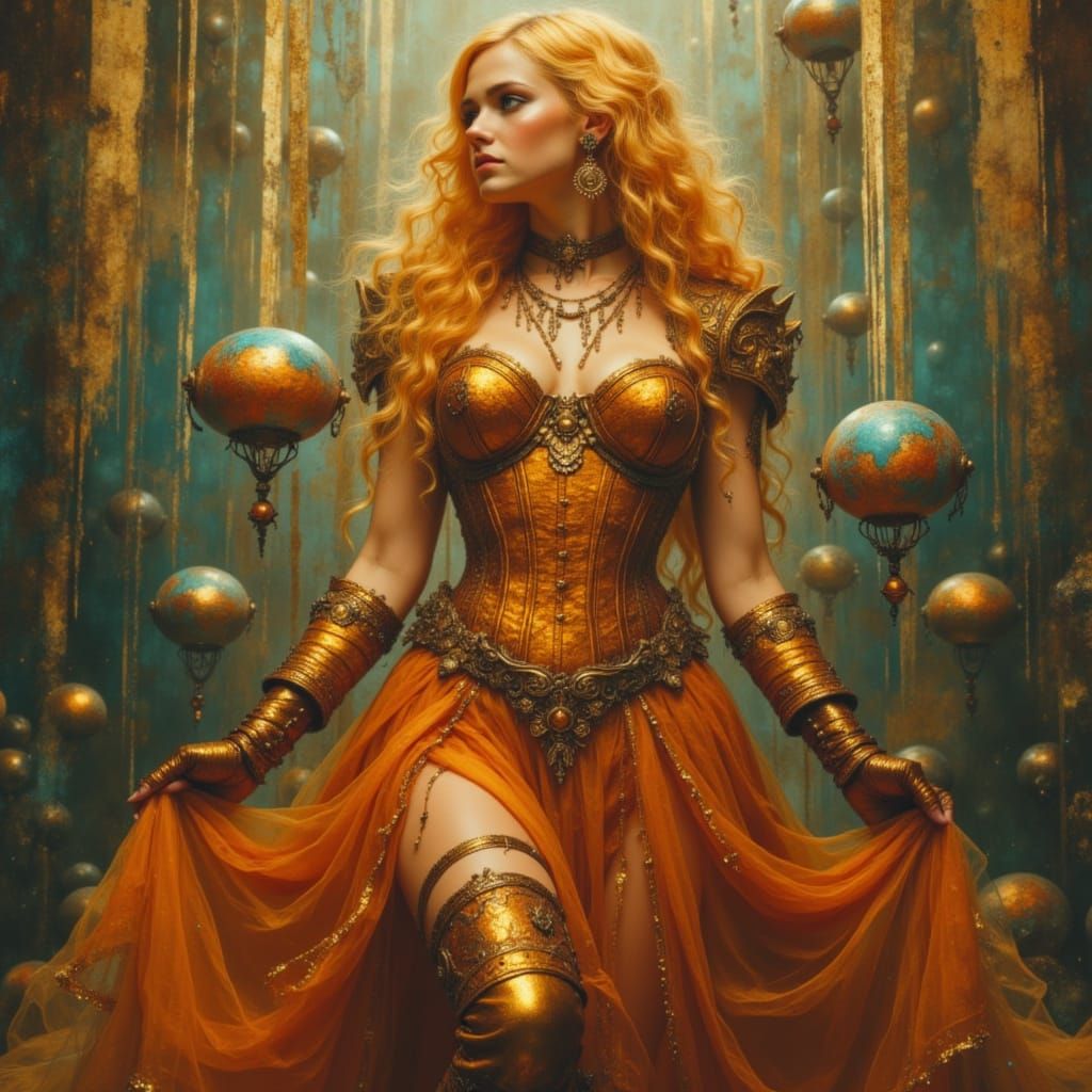 Fairy Punk Woman in Golden Saffron Gown