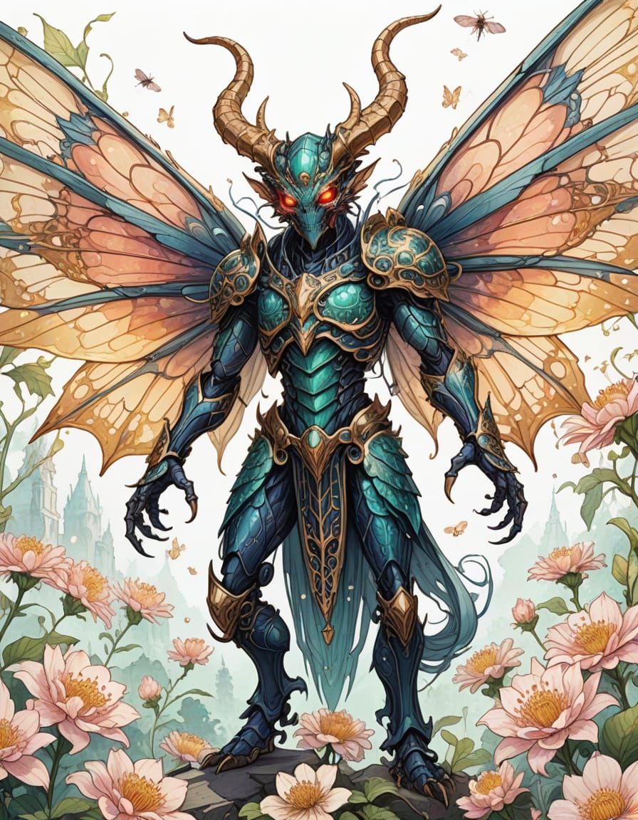 Dreamlike Insectoid Demon in Manga Watercolor Style