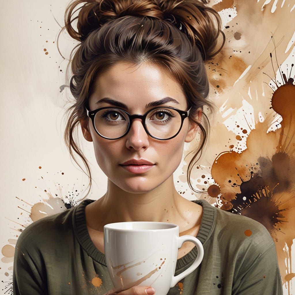 Woman in Elegant Coffee Art, Warm Watercolour Style