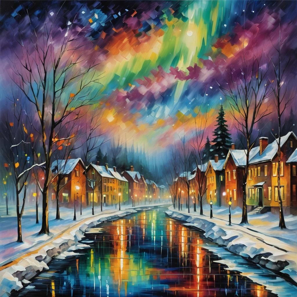 Cityscape Under Northern Lights, Afremov Style
