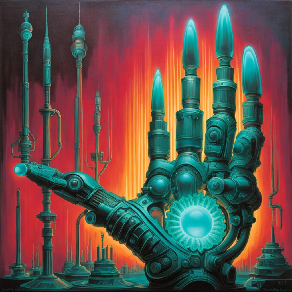 Bioluminescent Biomechanical Hand in Bio Art Style