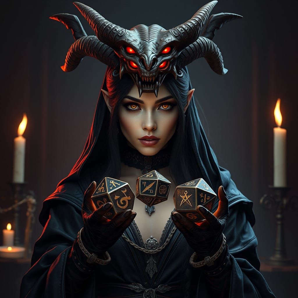 Gothic Woman with Horns and Demon's Head, Dark Fantasy Art
