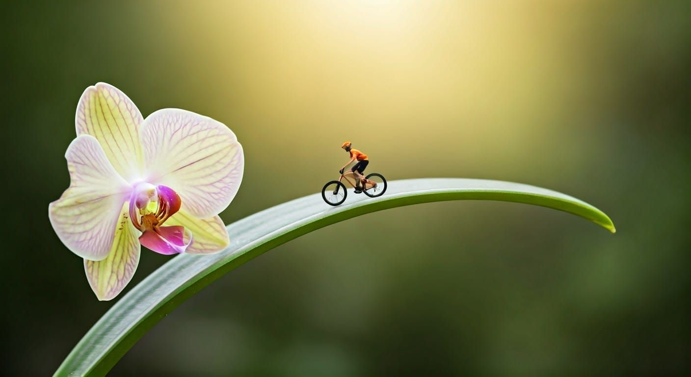 Pastel Orchid Bloom with a Tiny Cyclist