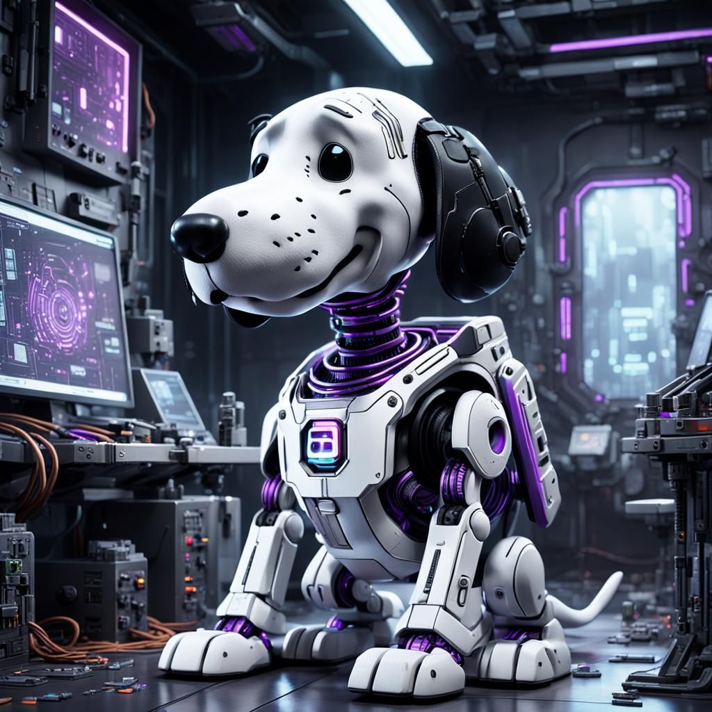 Hyperrealistic Cyberpunk Cyborg Snoopy in Torn City