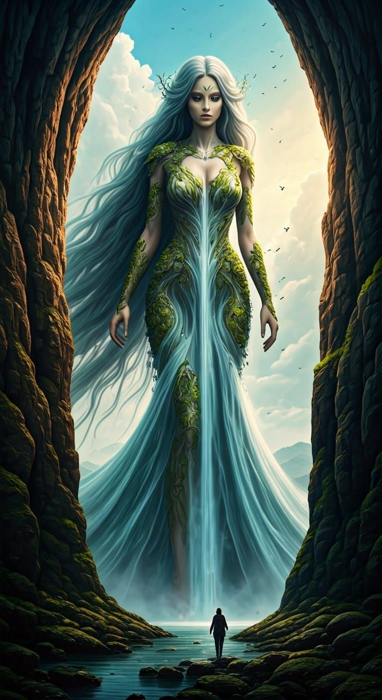 Barefoot Giantess with Waterfall Hair and Gown