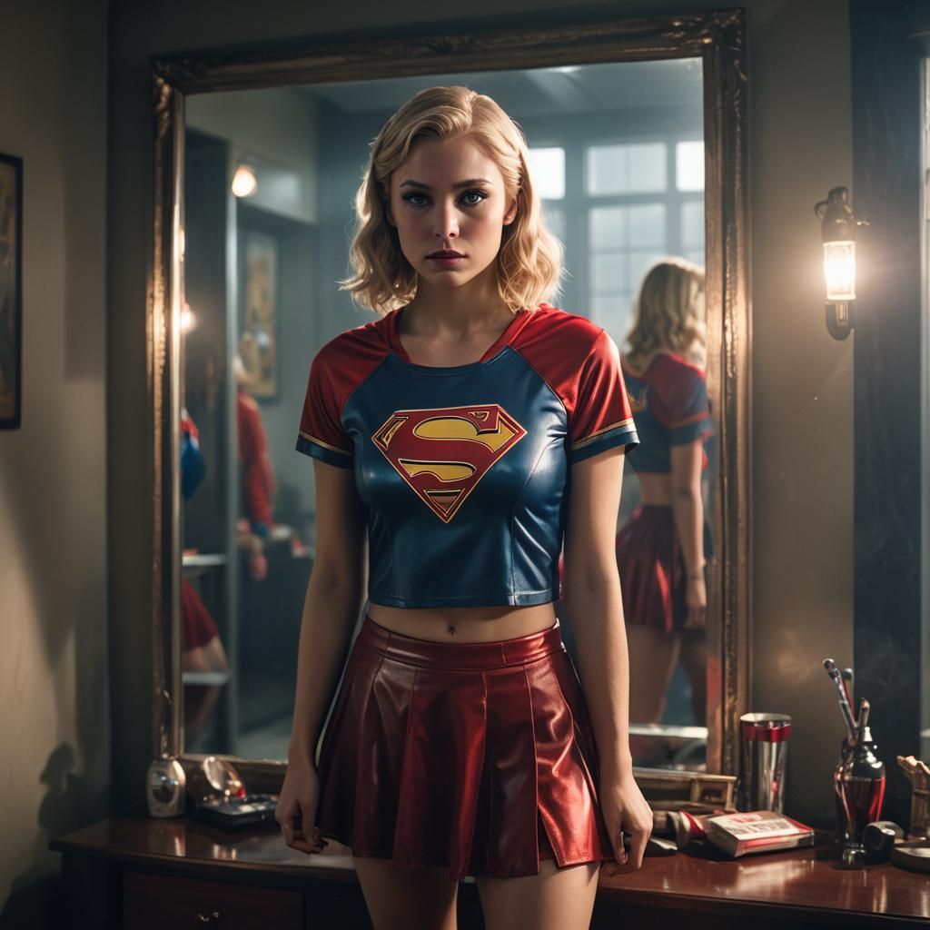 Hyperrealistic Supergirl Reflects in Mirror, Cinematic Portr...