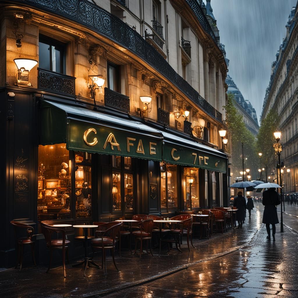 Art Nouveau Cafe in Rainy Paris Street