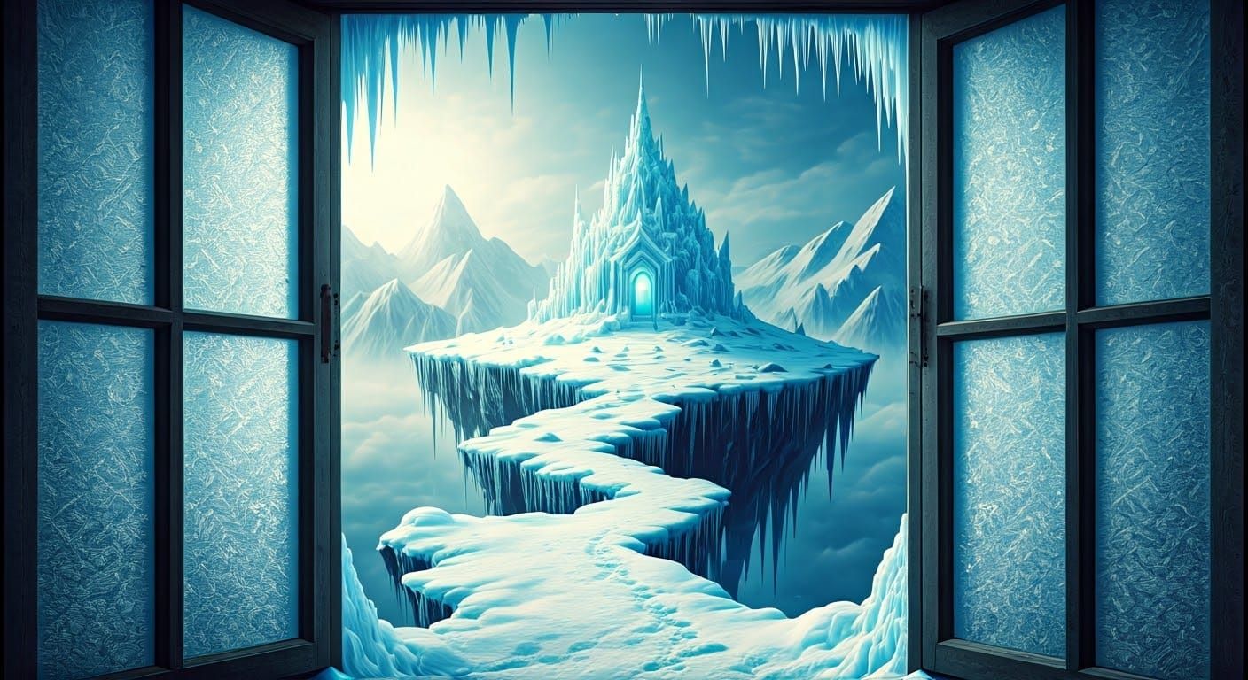 Ethereal Winter Wonderland with Majestic Ice Shrine