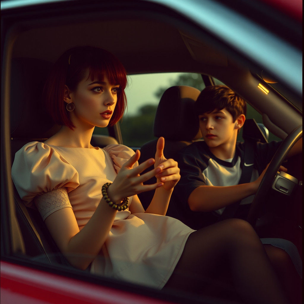 Cinematic Car Scene: Androgynous Youth in Puffy Dress