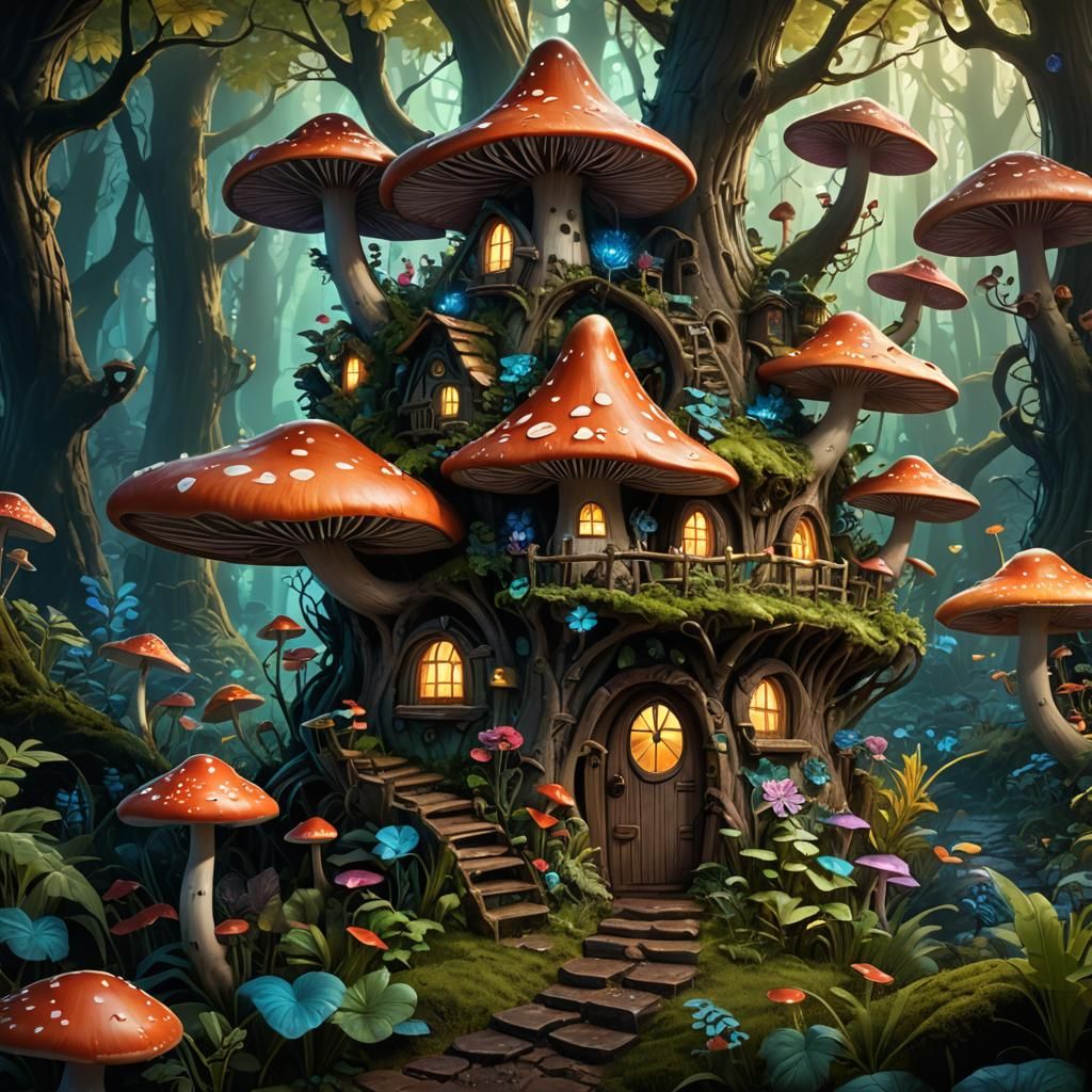 Enchanted Fairy Mushroom House in Bioluminescent Forest