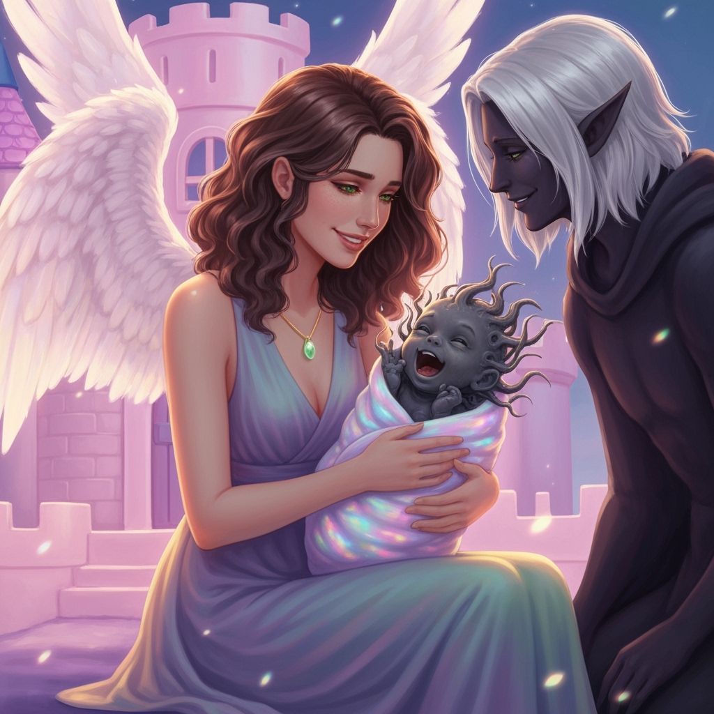 Inanna Cradling Eldritch Infant in Dreamlike Elegance