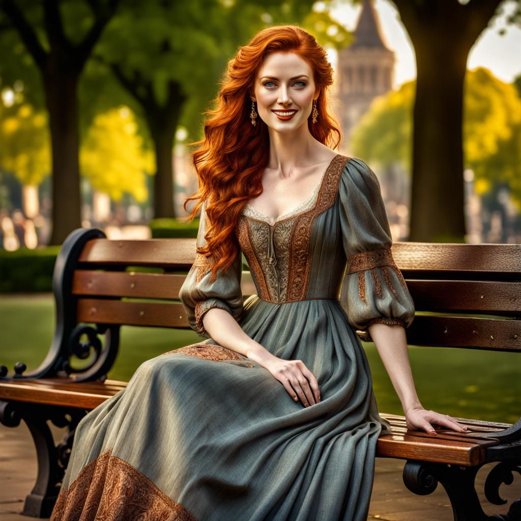 Renaissance Redhead on Park Bench in HDR