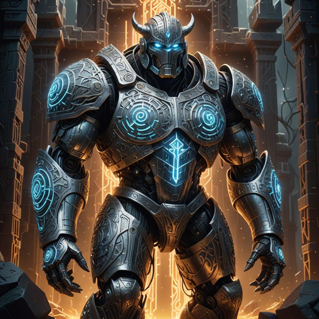 Ethereal Mithril Golem in Cyberpunk Digital Art