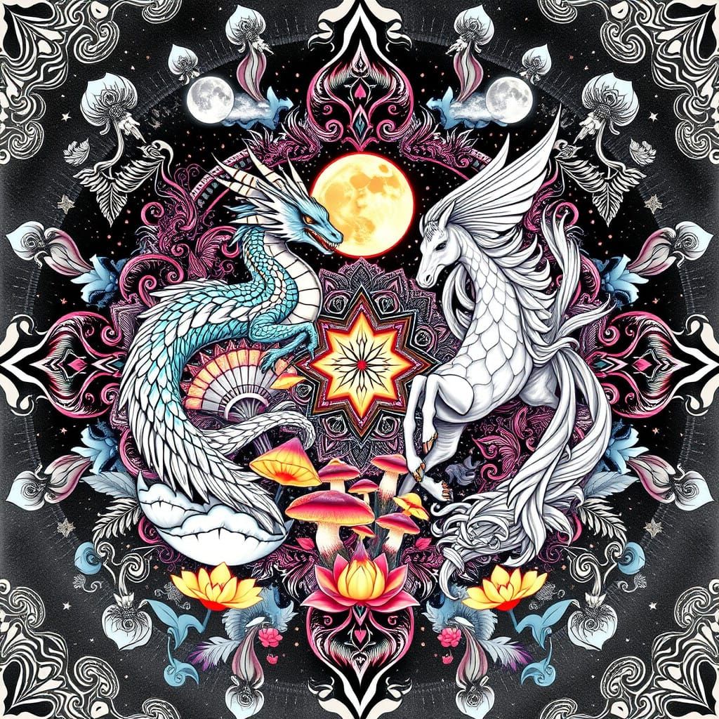 Dreamlike Mandalas Featuring Fantastical Creatures in Shimme...