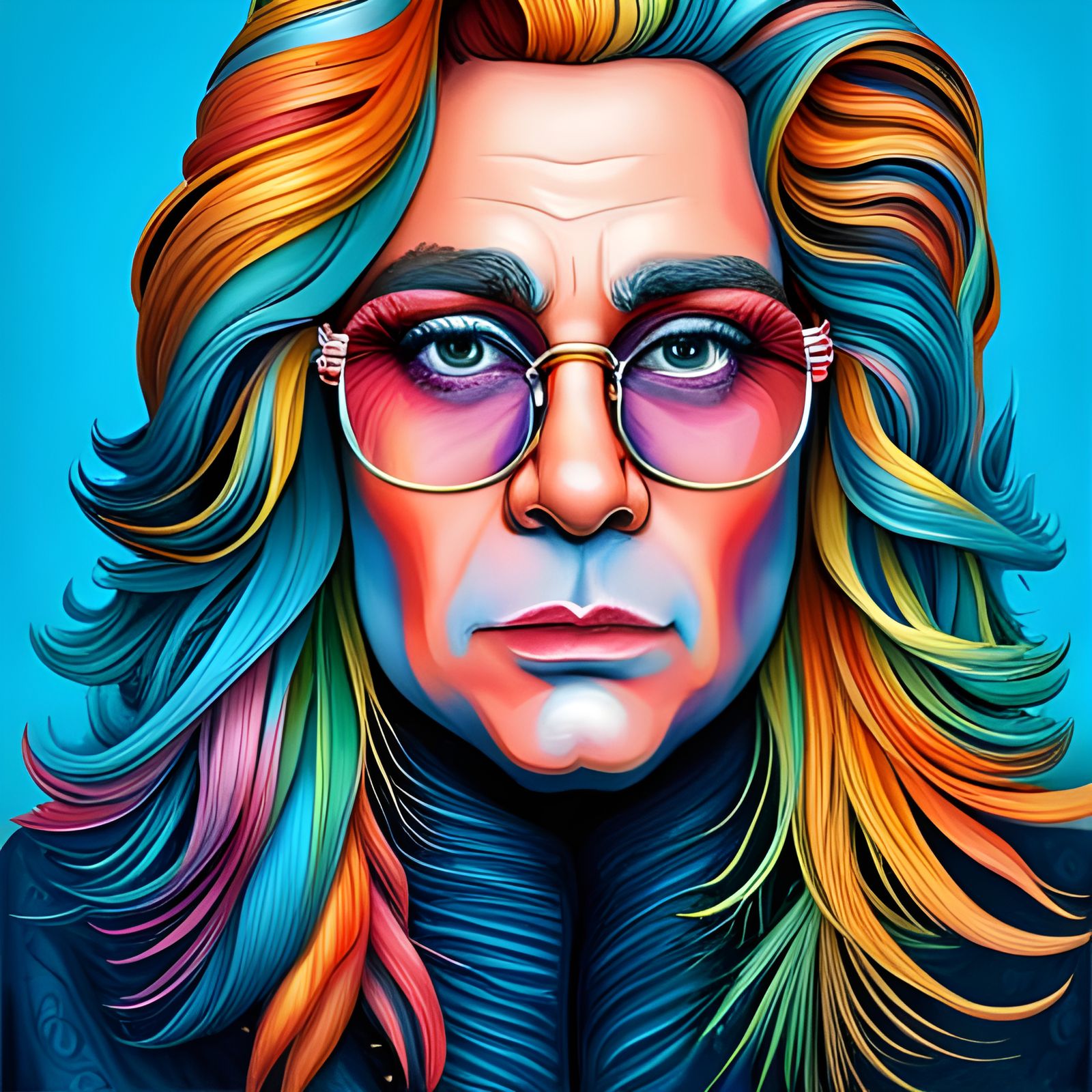 Elton john with glasses and meticulously detailed  intricate rainbow coloured long curly flowing hair by Johan grenier b...