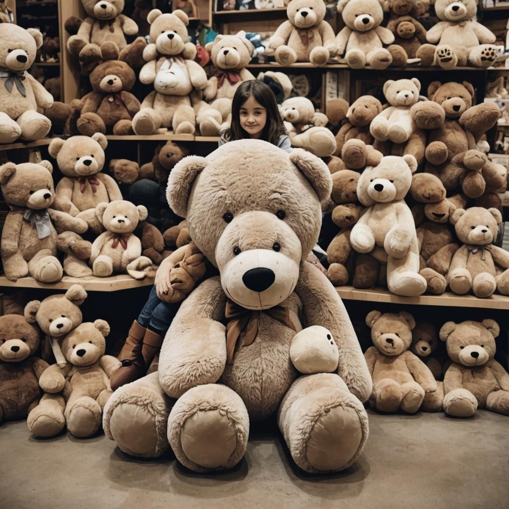 Girl with Giant Teddy Bear in Toy Store