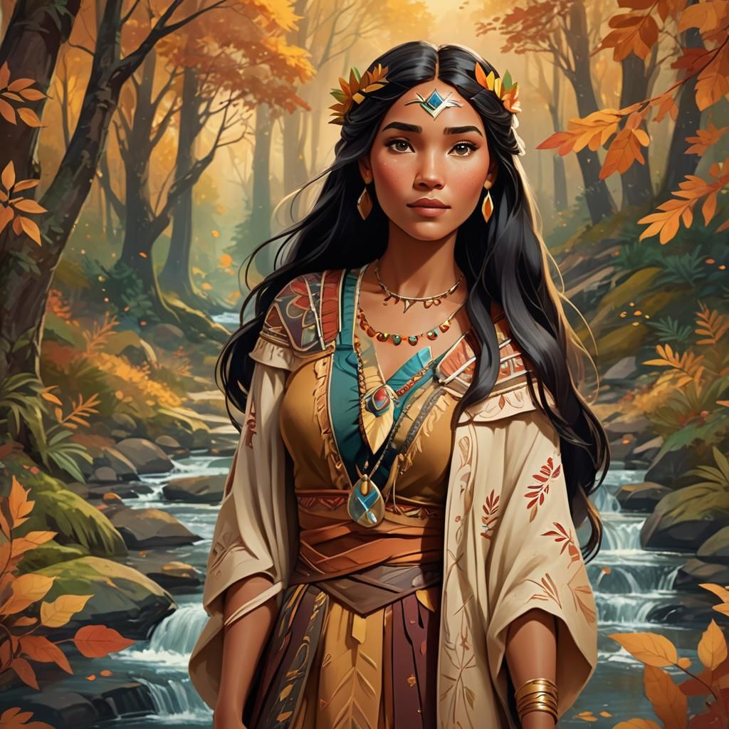Pocahontas in Lush Forest: Disney-Inspired Digital Art