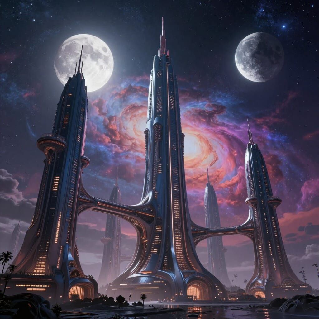 Alien Cityscape with Multiple Moons in Concept Art Style