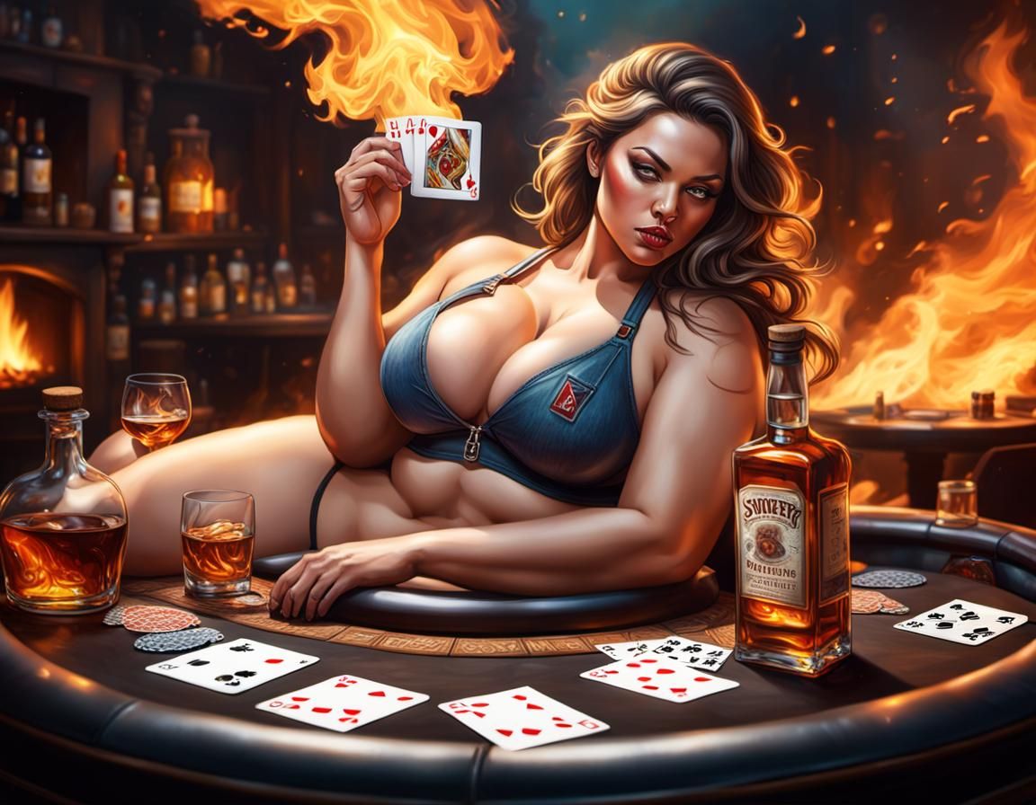 Hyperrealistic Woman on Roulette Table with Fire Background
