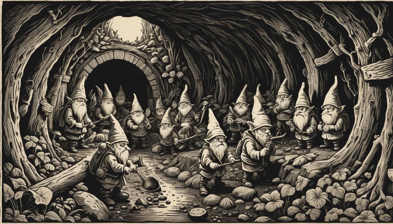 Underground tunnel filled with gnomes digging for treasure. ...