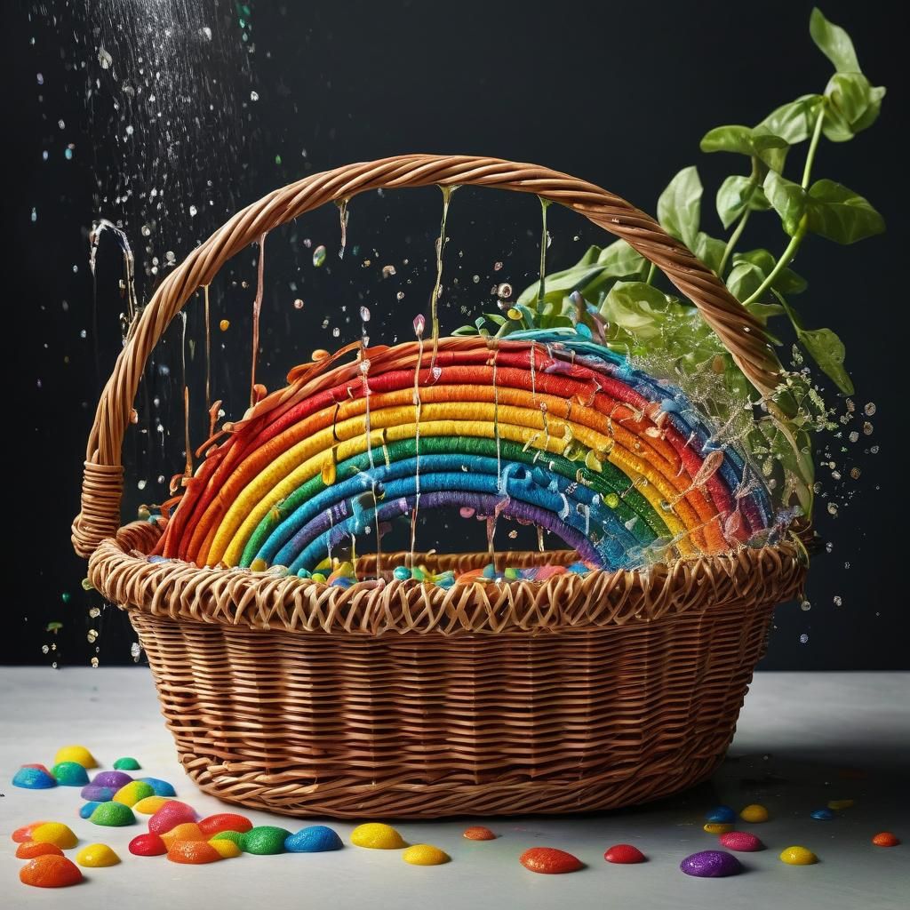 A wicker basket with rainbows pouring out of it