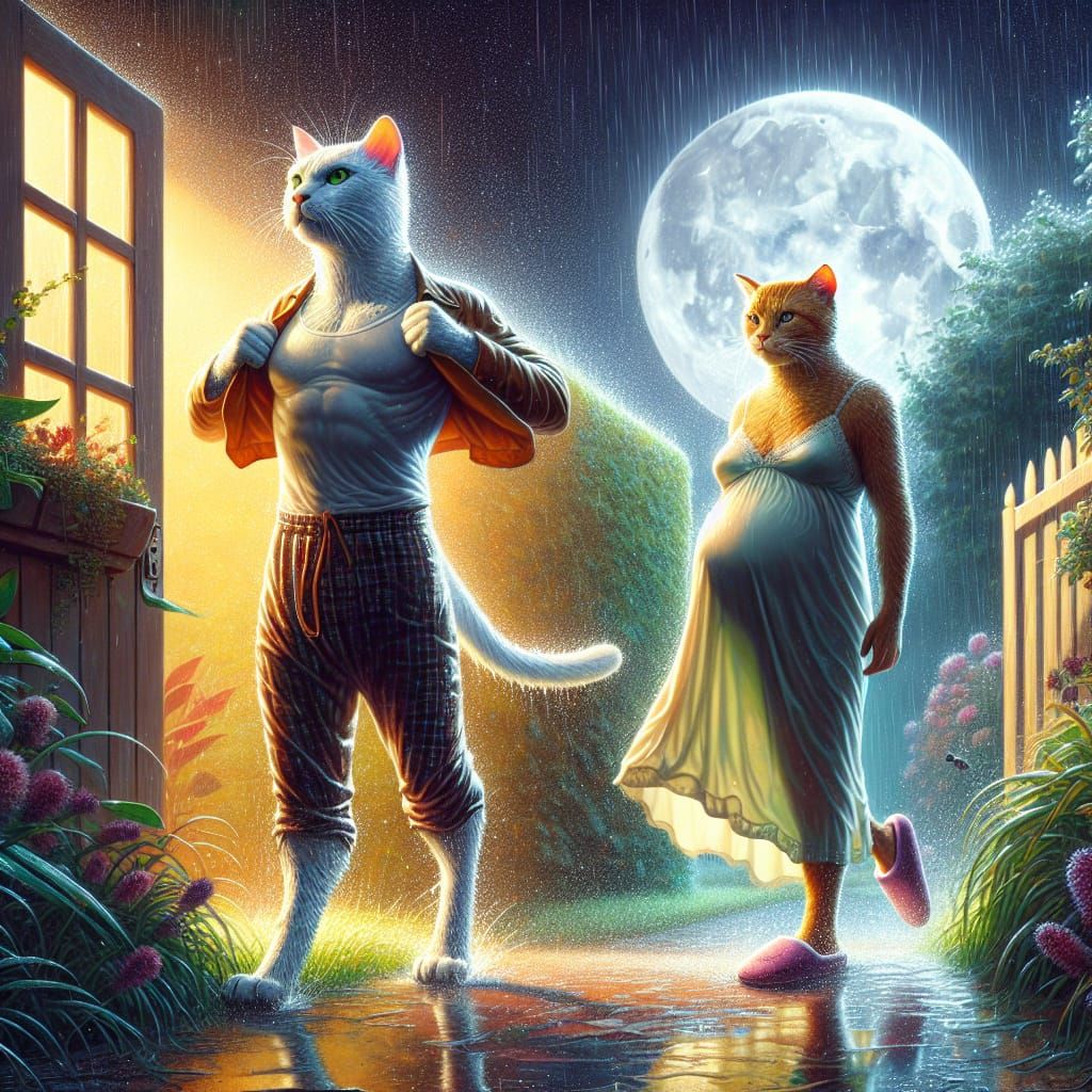 Moonlit Garden: Anthropomorphic Cats in Hyperrealistic Splas...
