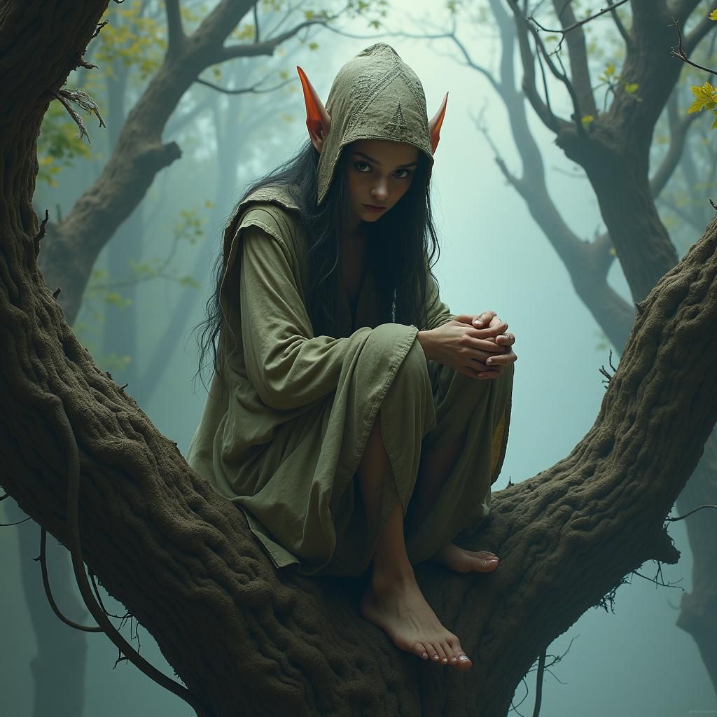 Eerie Elf Perched in Tree, Matte Painting Concept Art