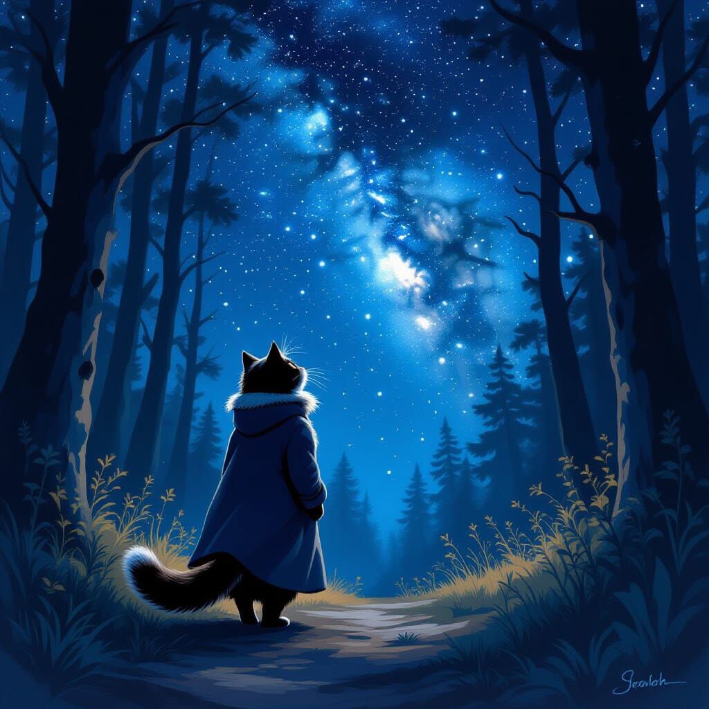 Cat Gazes at Milky Way in Mystical Moonlit Wood