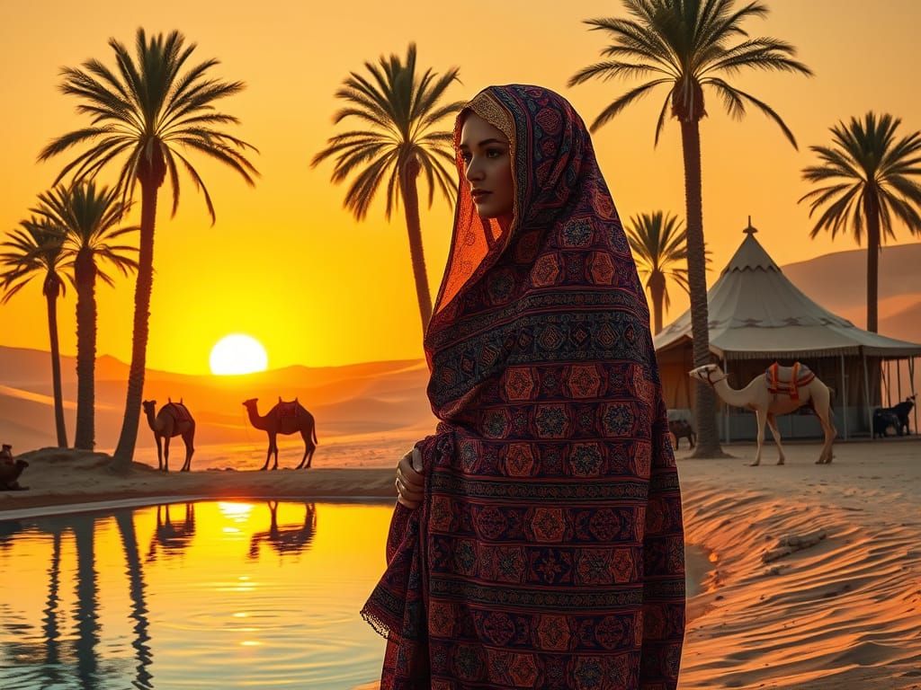 Serene Bedouin Woman in Desert Oasis with Majestic Camels an...