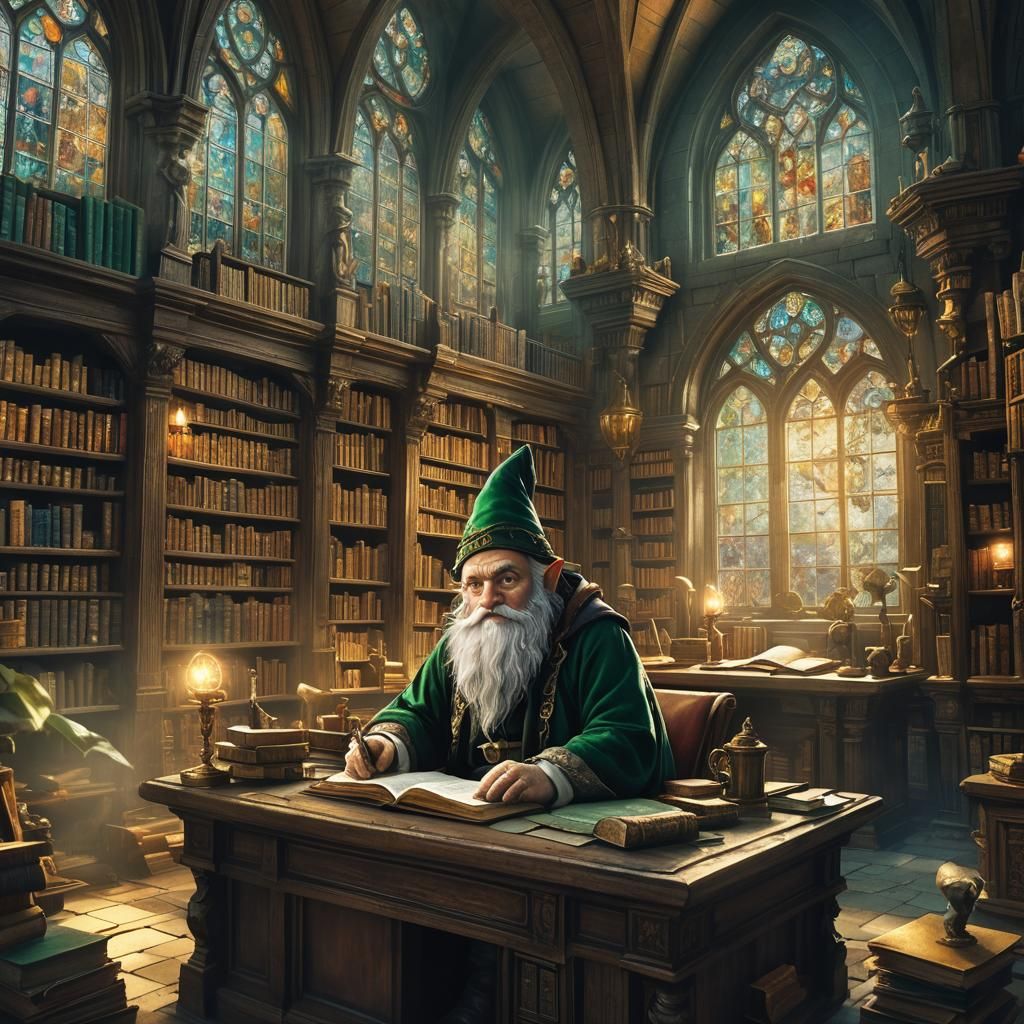 Gnome Genius in Mystical Library, Fantasy Art