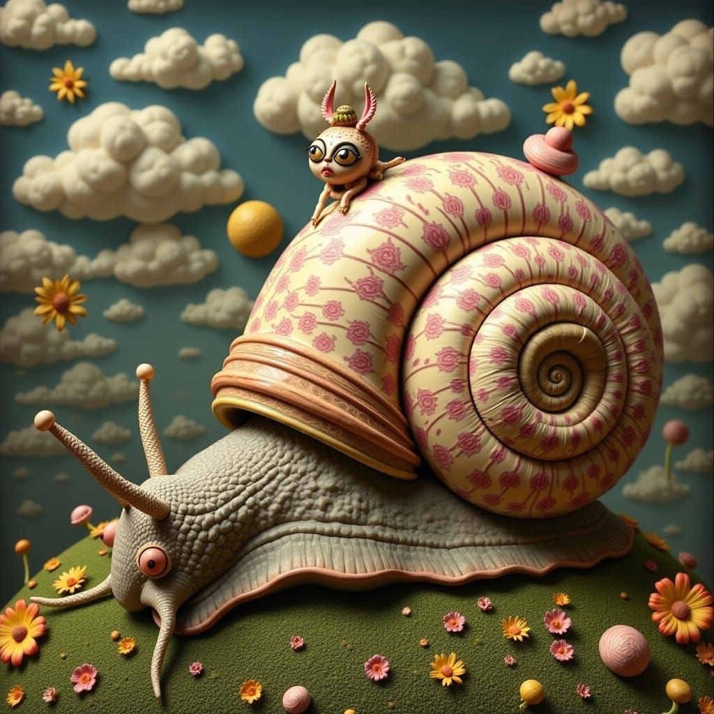 Vibrant Surrealist Depiction of a Massive Snail