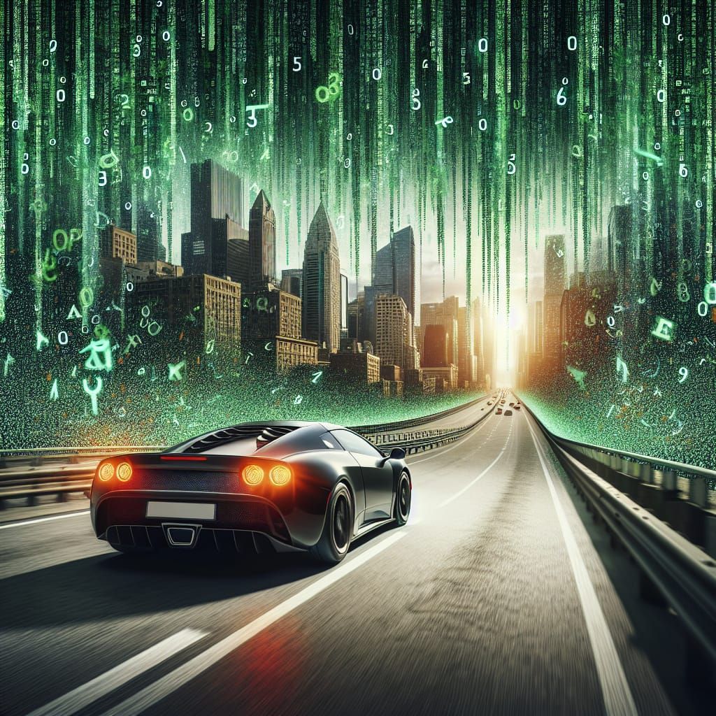 Sports Car in Matrix Code Rain