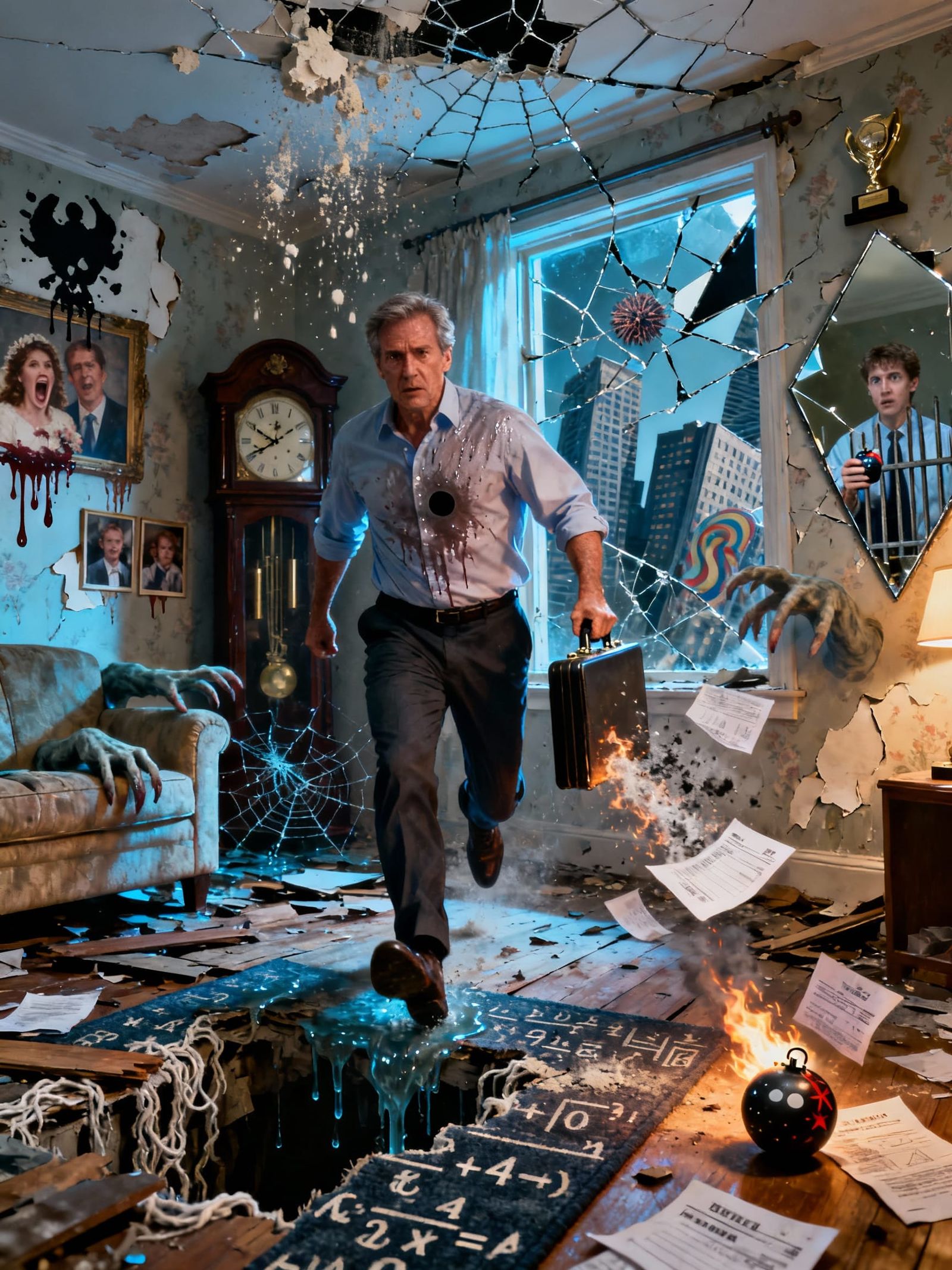 Man in Disintegrating Room, Hyperrealistic Stress