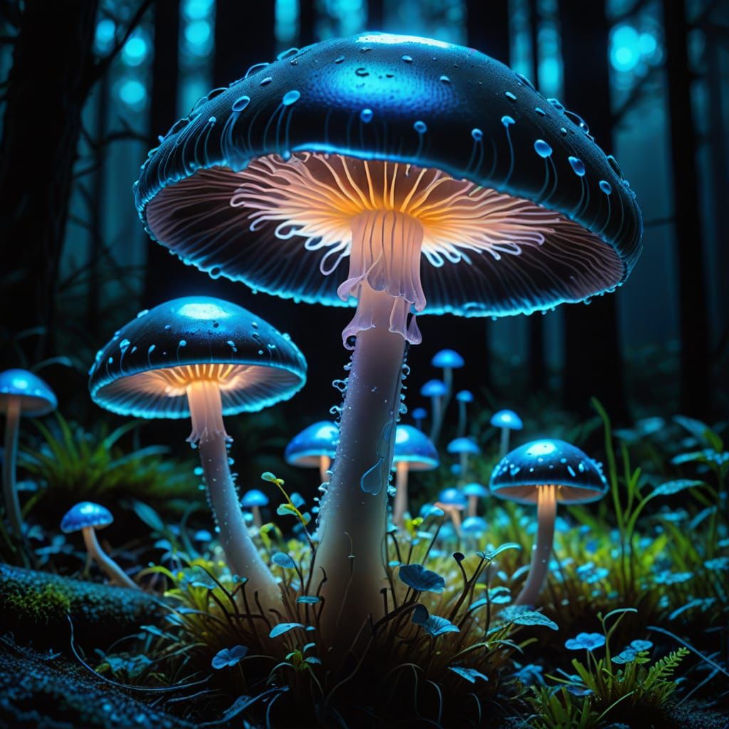 Glowing Bioluminescent Mushroom in Misty Forest