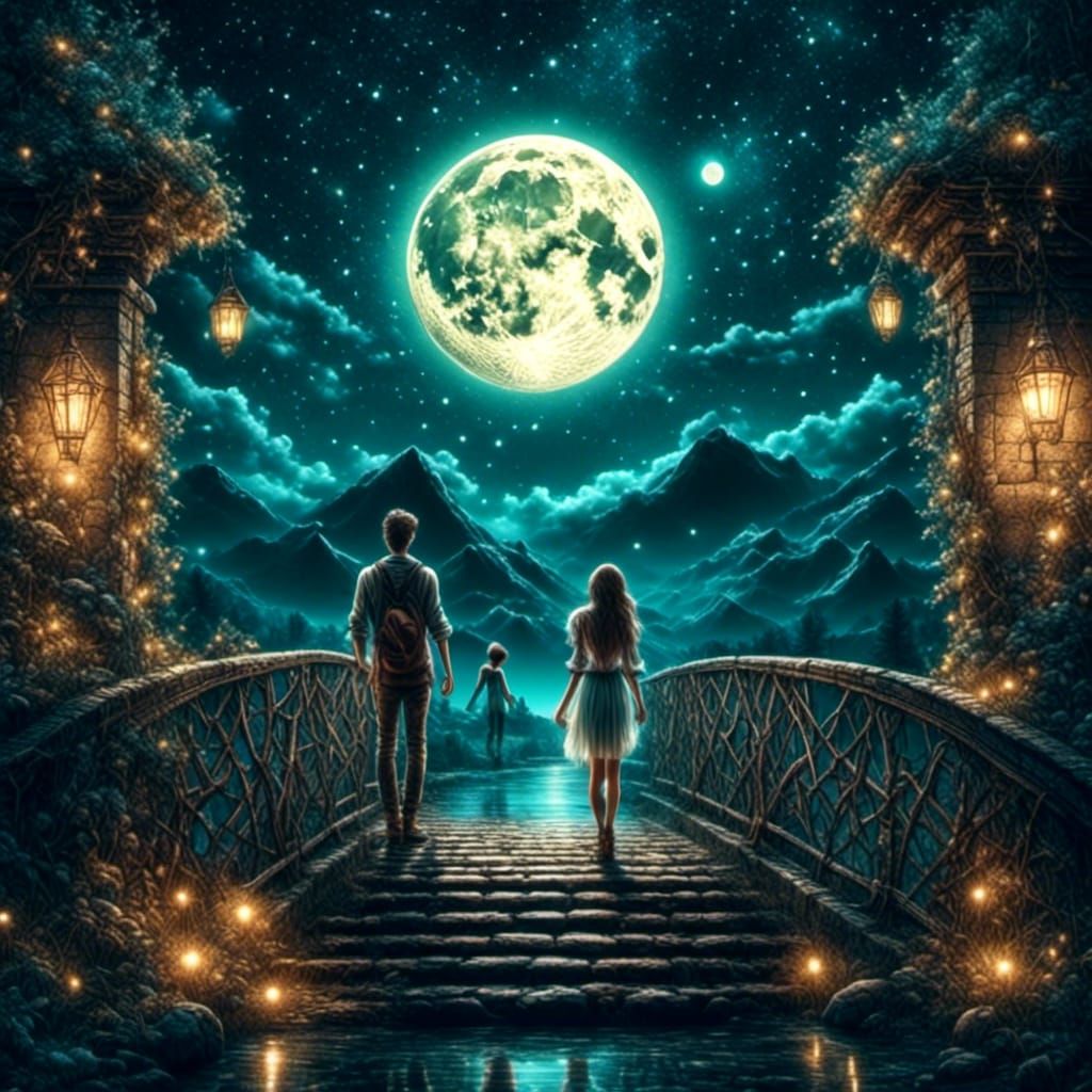 Romantic Couple Under Full Moon in Chalk Art Style