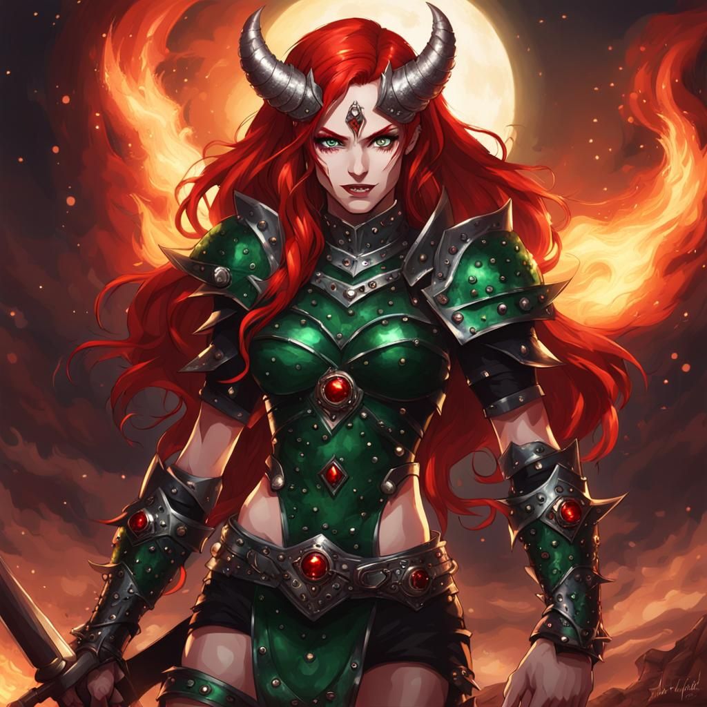 Beautiful Red Demon in Black Armor