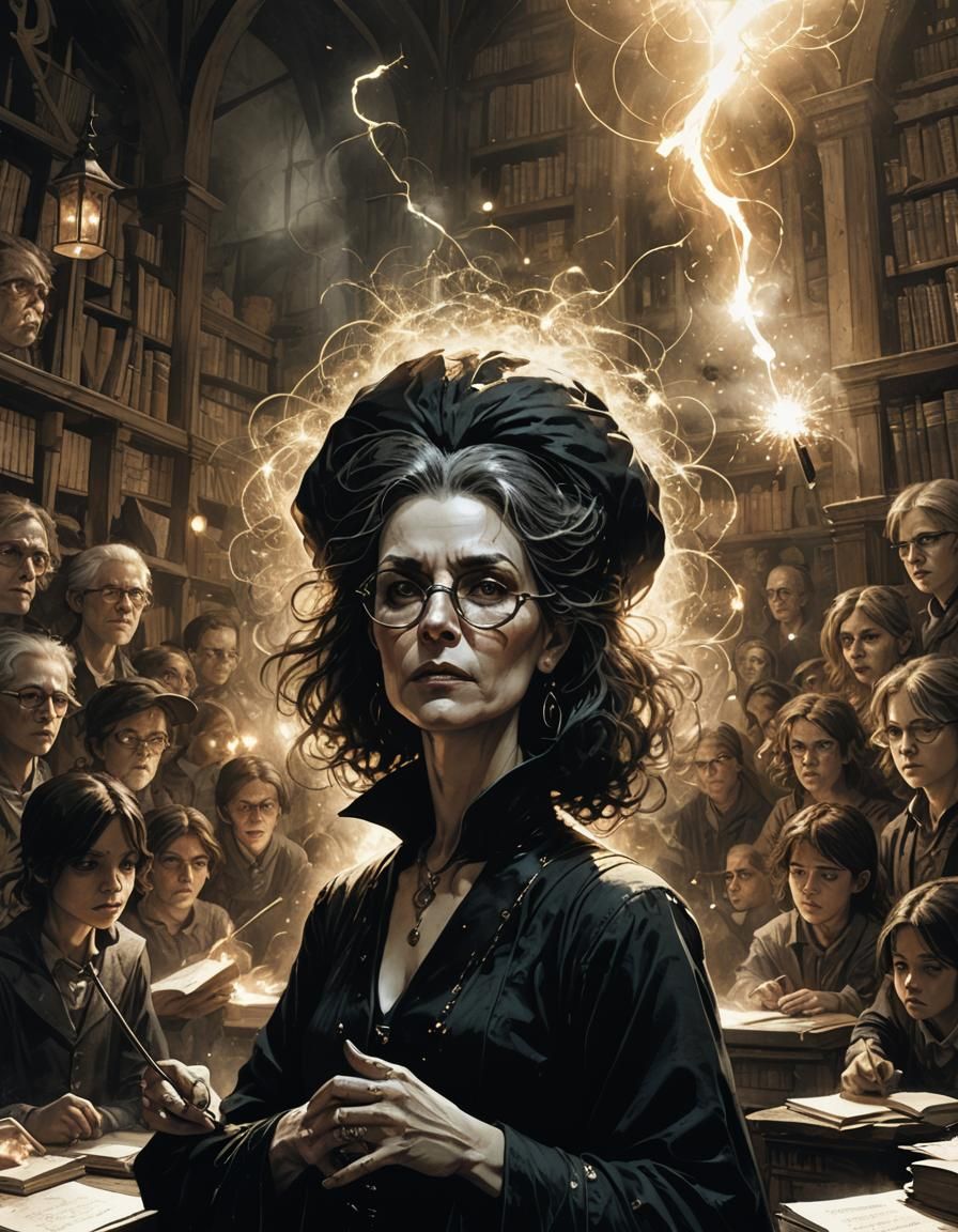 Grieving Witch Teacher in Magic Classroom Illustration