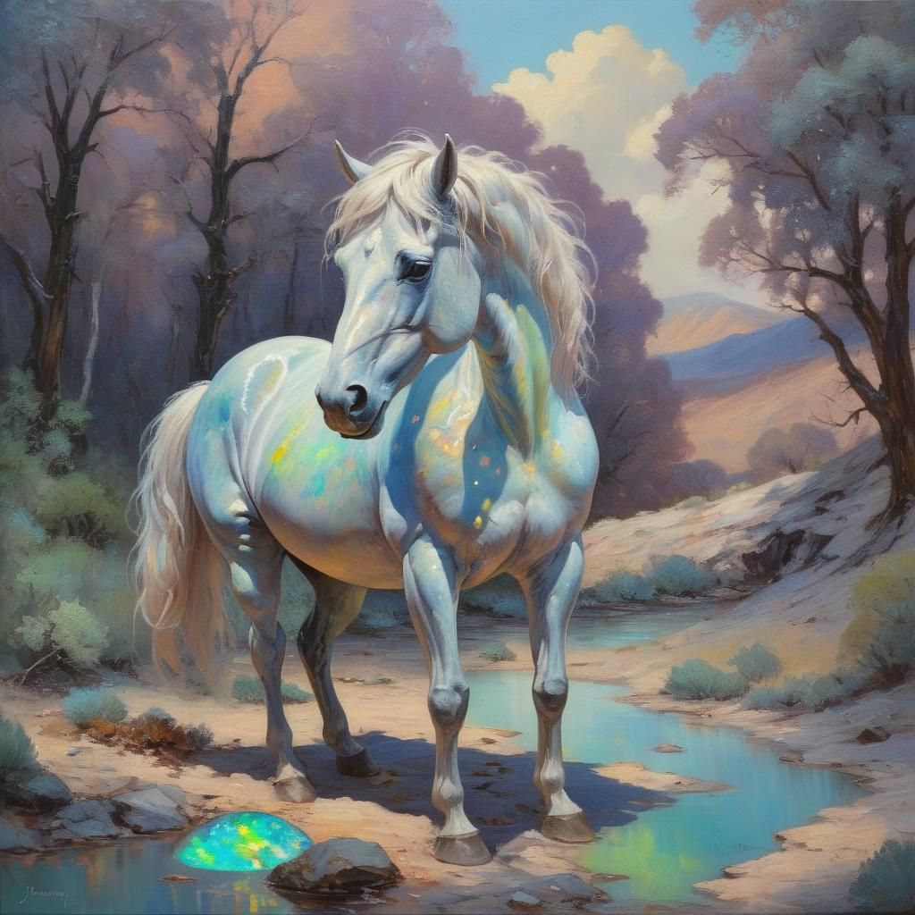 Vibrant Opal Equine in Whimsical Oil Landscape