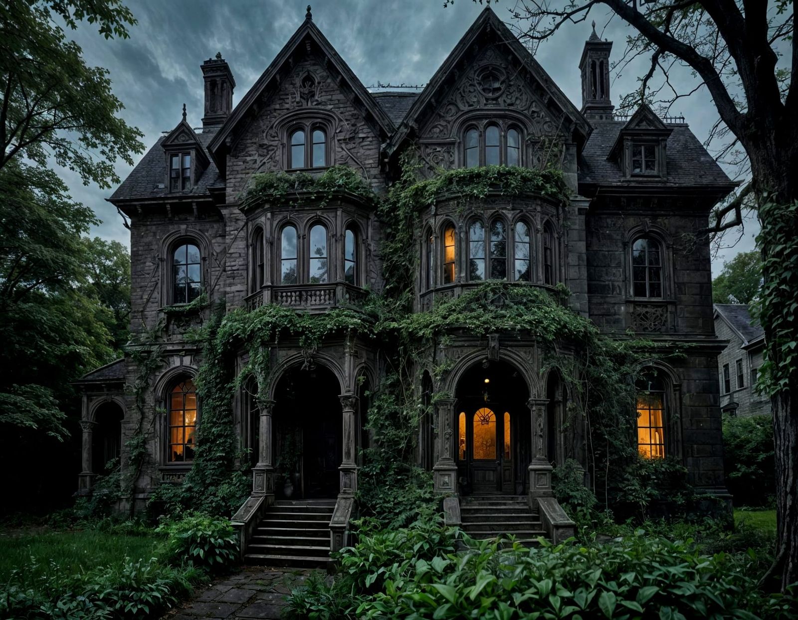 Creepy Old Mansion with Shadowy Figures