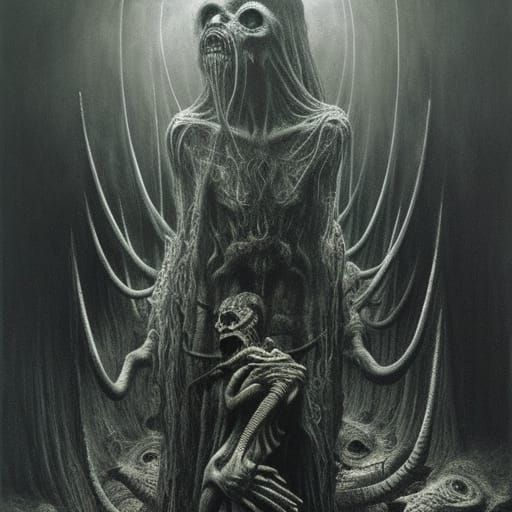 strange biblical horror illustration of a demonic creature, Dark color palette, natural horror by Zdzisław Beksiński H.R...