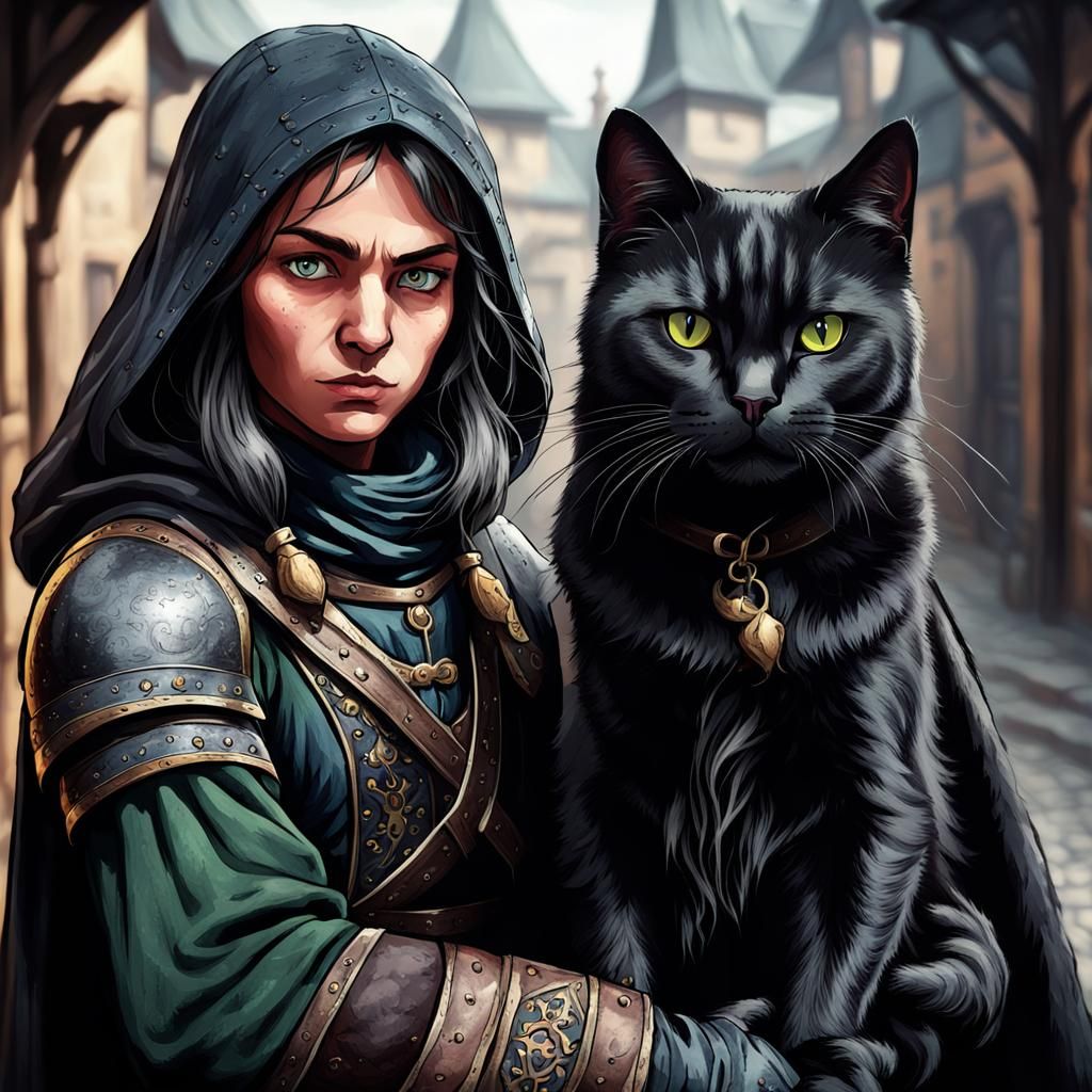 Medieval Rogue with Fierce Feline Companion