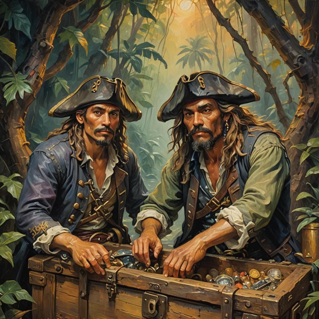 Pirates Dividing Treasure as Expressionist Oil Painting