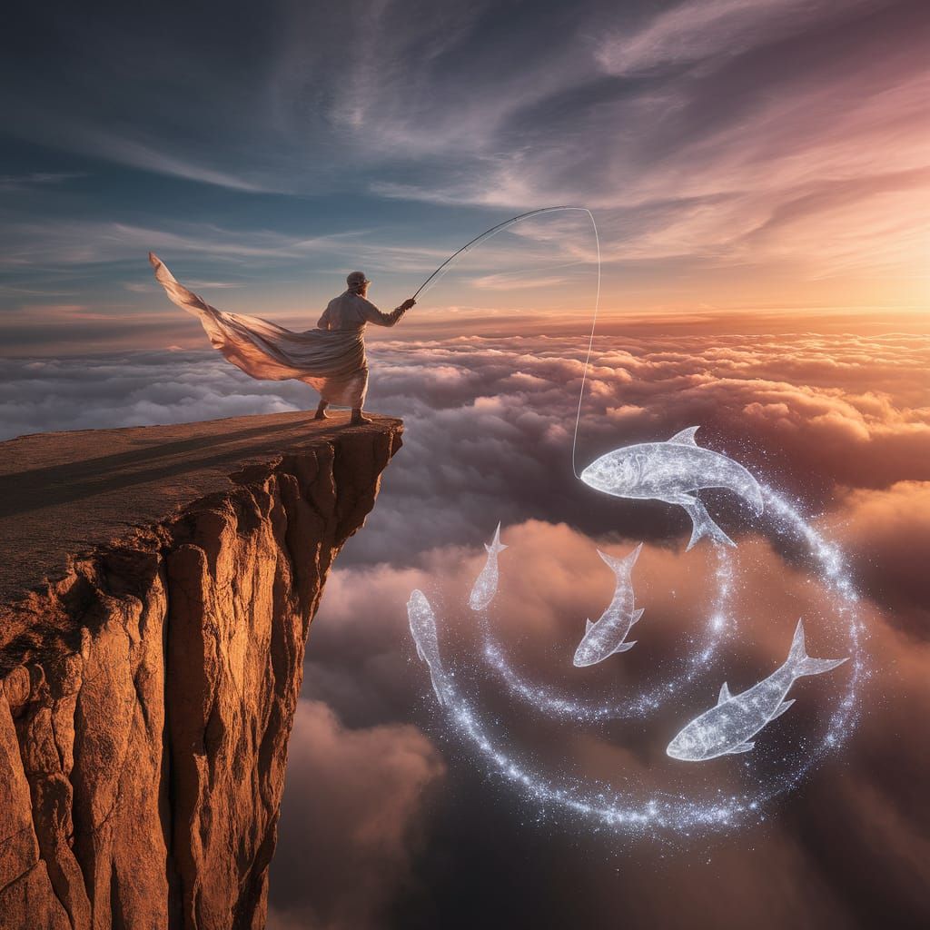 Fisherman Casting Line into Sky-Ocean Sunrise