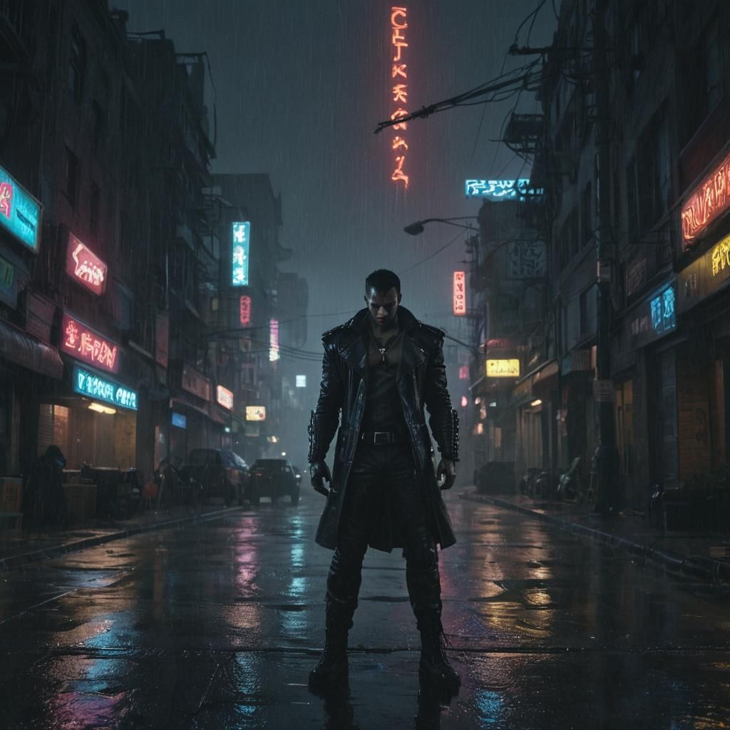 Cyberpunk Vampire in Rainy Dystopian Cityscape