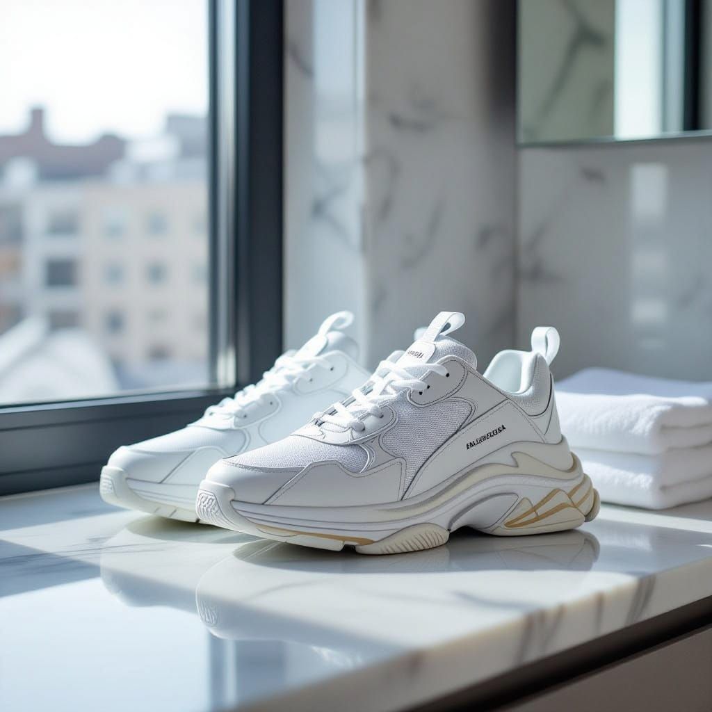Balenciaga Sneakers on Marble Countertop in Modern Bathroom